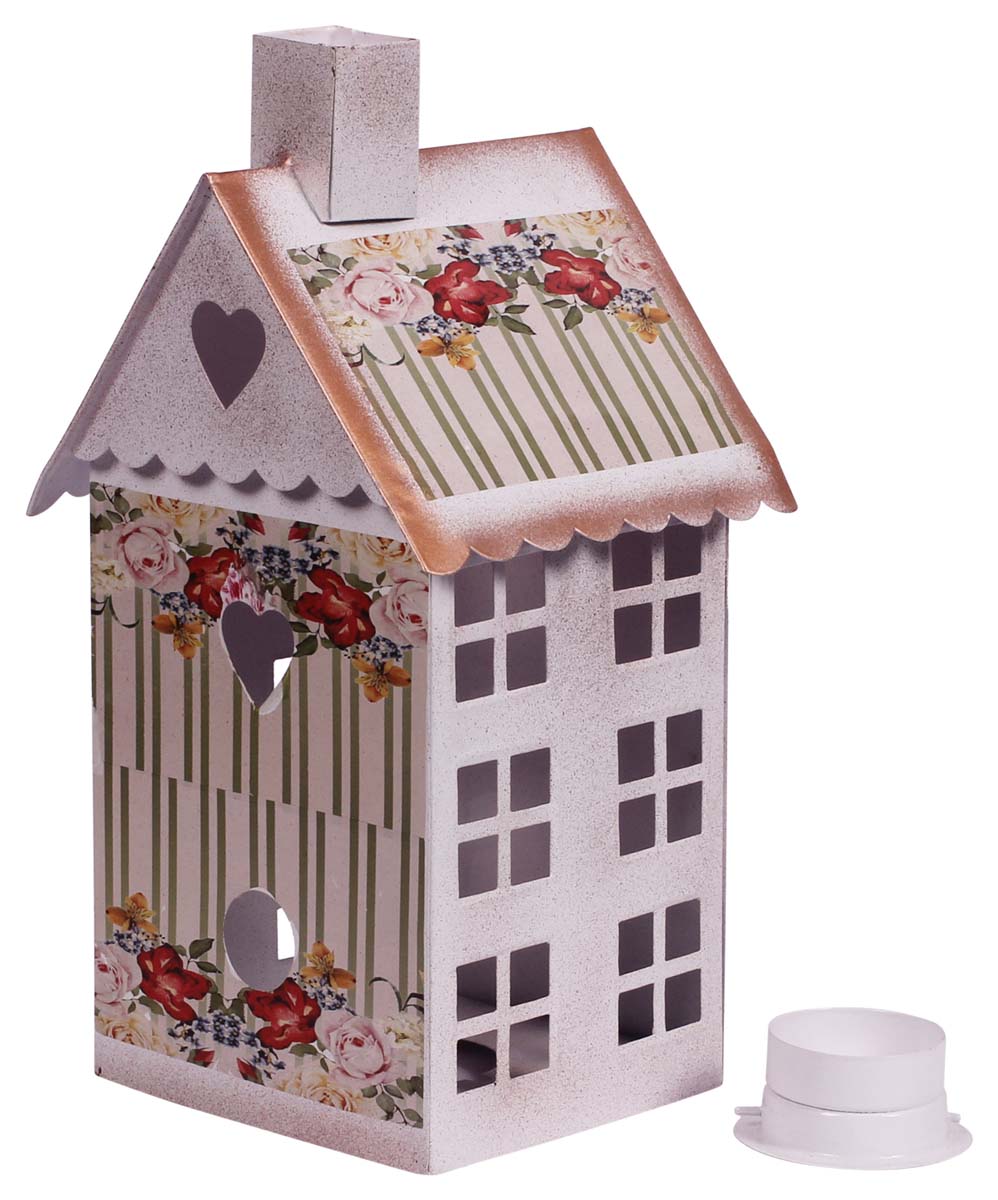 Hut-Shaped Tea-Light Candle Holder - Cast in Iron - White & Multicolored - Floral Motifs - Metal Votive Candle Stands - Party Decorations - Gifts from India - Buy in Bulk Wholesale
